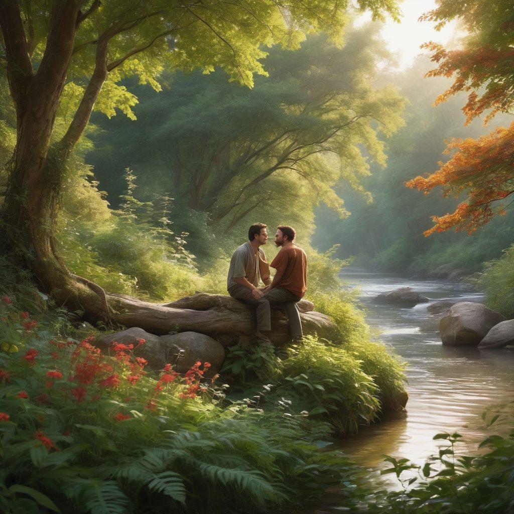 A captivating and intimate scene of two male figures sharing a heartfelt moment in a serene outdoor setting, surrounded by nature's beauty. Soft sunlight filters through the leaves, casting a warm glow on their expressions, showcasing deep emotion and connection. Gentle touches and shared laughter exemplify their bond, with vibrant colors enhancing the romantic atmosphere. The background features a flowing river and blooming flowers, adding layers to the narrative of love and companionship. super-realistic. vibrant colors. peaceful landscape.