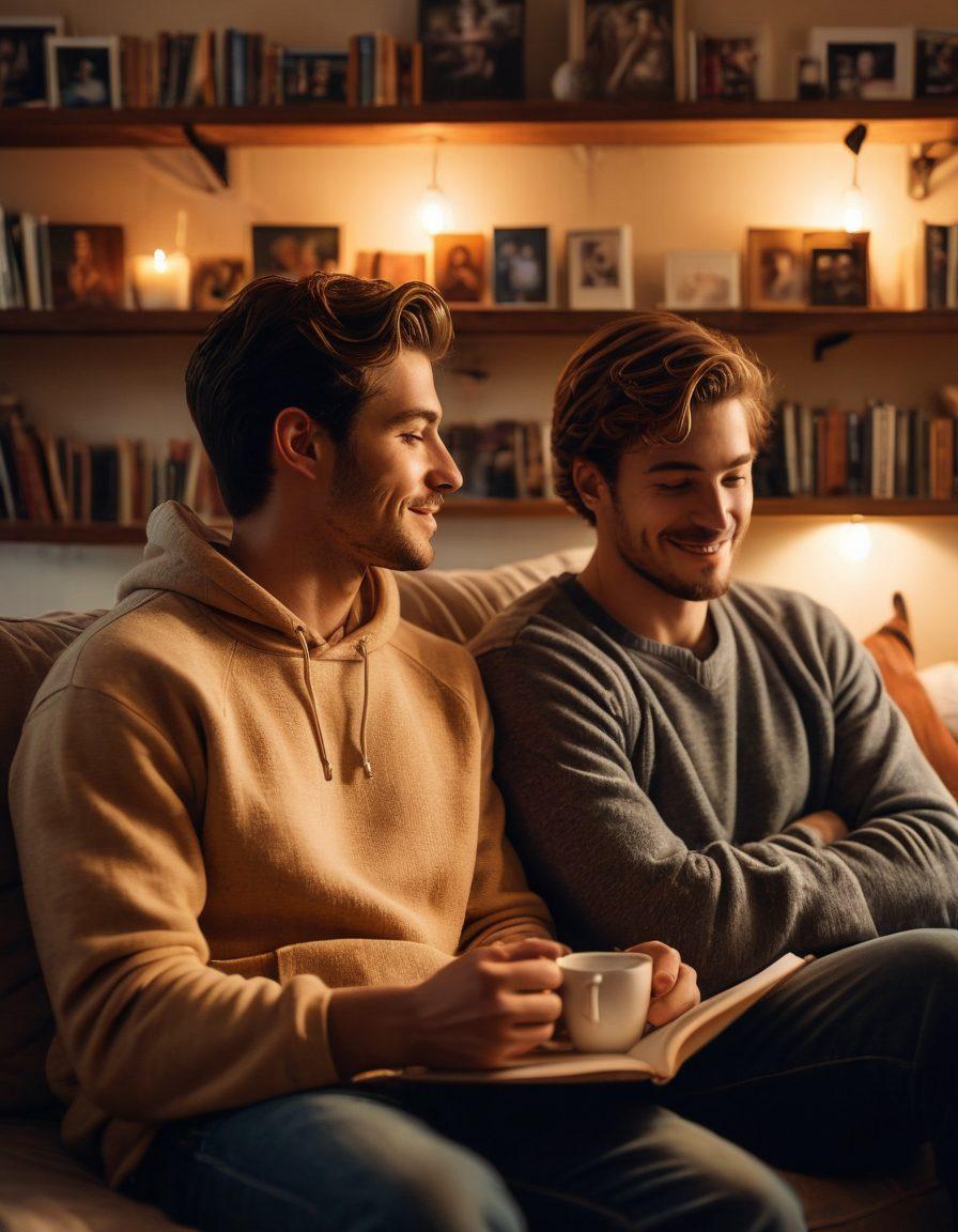 A warm, intimate scene depicting two male friends sharing a heartfelt moment, sitting on a cozy couch surrounded by soft lighting, with books and coffee mugs scattered around. Their expressions show joy and support, conveying deep friendship and affection. In the background, a wall filled with photos captures shared memories. Super-realistic. Warm colors. Soft focus.
